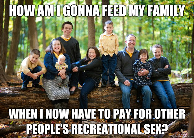 How am I gonna feed my family when i now have to pay for other people's recreational sex?  