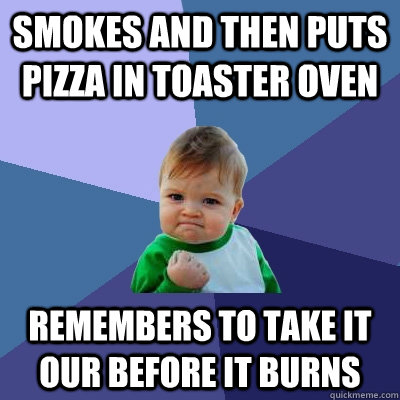Smokes and then puts pizza in toaster oven Remembers to take it our before it burns  Success Kid