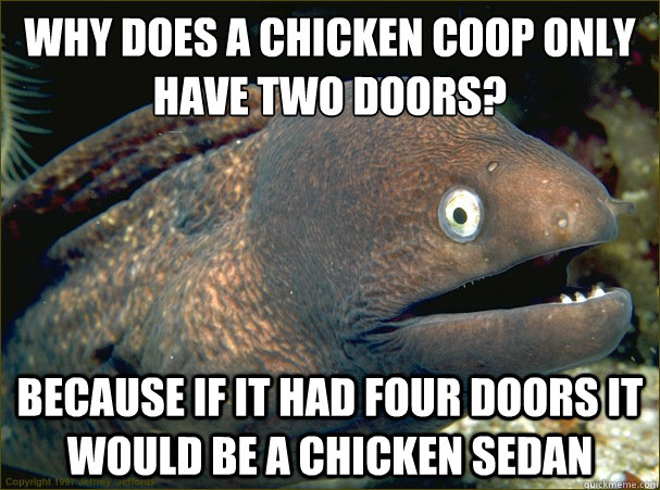 Why does a chicken coop only have two doors?  Because if it had four doors it would be a chicken sedan  Bad Joke Eel