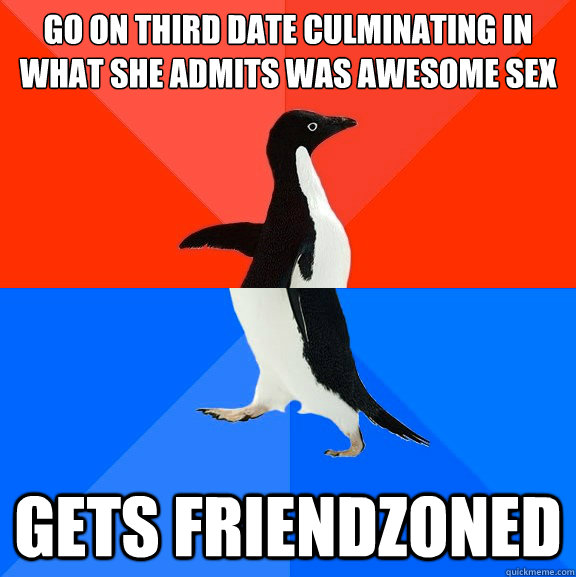 Go on third date culminating in what she admits was awesome sex gets friendzoned   Socially Awesome Awkward Penguin