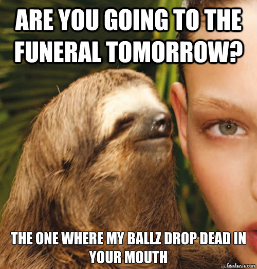 Are you going to the funeral tomorrow? The one where MY BALLZ drop dead in your mouth  rape sloth