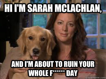 Hi I'm Sarah Mclachlan, And i'm about to ruin your whole F****** day  