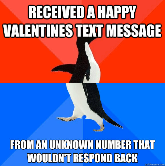 Received a happy valentines text message from an unknown number that wouldn't respond back  Socially Awesome Awkward Penguin