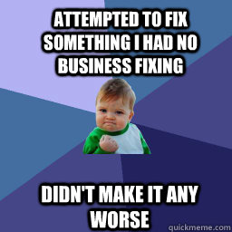 attempted to fix something i had no business fixing  didn't make it any worse  Sucess Kid
