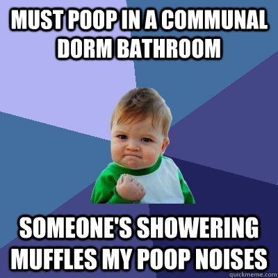 must poop in a communal dorm bathroom someone's showering muffles my poop noises  Success Kid