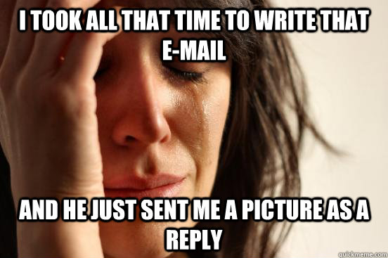 I took all that time to write that e-mail And he JUST sent me a picture as a reply  First World Problems