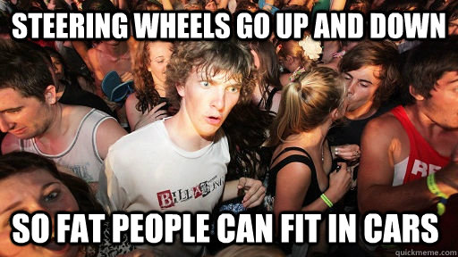 steering wheels go up and down so fat people can fit in cars  Sudden Clarity Clarence