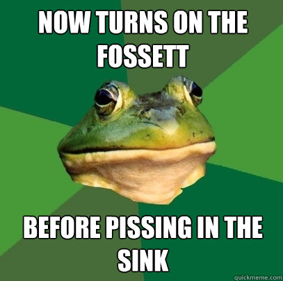 Now turns on the fossett Before pissing in the sink  Foul Bachelor Frog