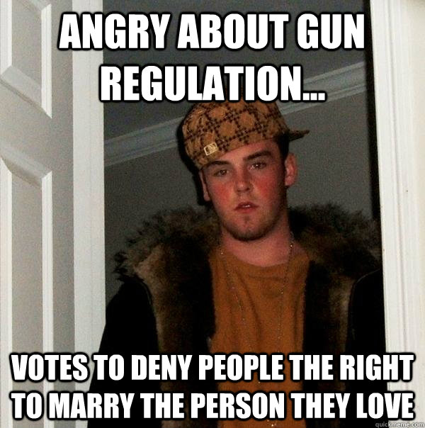 Angry about gun regulation... Votes to deny people the right to marry the person they love  Scumbag Steve