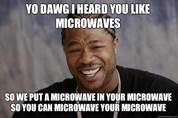 YO DAWG I HEARD YOU LIKE MICROWAVES so we put a microwave in your microwave so you can microwave your microwave  Xzibit meme