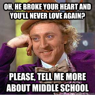 Oh, he broke your heart and you'll never love again? Please, tell me more about middle school  Condescending Wonka