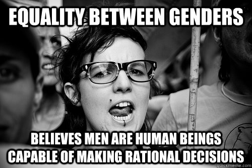 equality between genders believes men are human beings capable of making rational decisions - equality between genders believes men are human beings capable of making rational decisions  Hypocrite Feminist