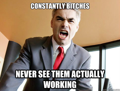 Constantly Bitches Never see them actually working  Douche Boss