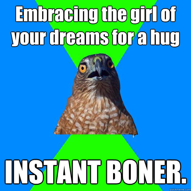 Embracing the girl of your dreams for a hug INSTANT BONER.  Hawkward