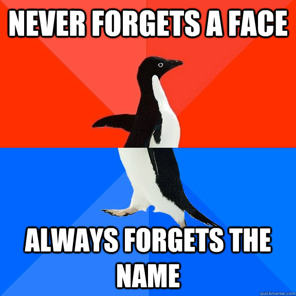 Never forgets a face Always forgets the name  Socially Awesome Awkward Penguin