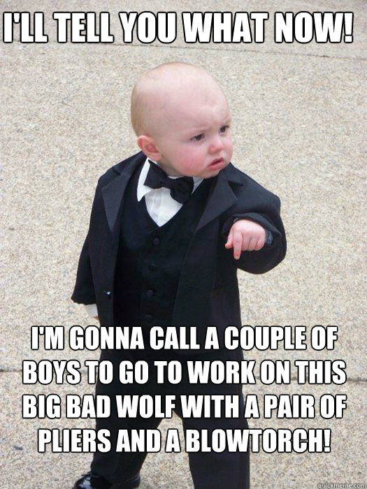 I'll tell you what now! I'm gonna call a couple of boys to go to work on this Big Bad Wolf with a pair of pliers and a blowtorch!   - I'll tell you what now! I'm gonna call a couple of boys to go to work on this Big Bad Wolf with a pair of pliers and a blowtorch!    Baby Godfather