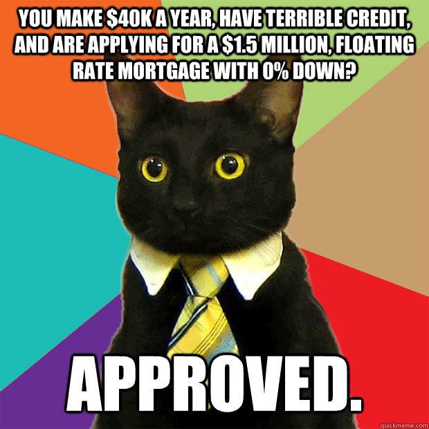 You make $40K a year, have terrible credit, and are applying for a $1.5 million, floating rate mortgage with 0% down? Approved.  Business Cat