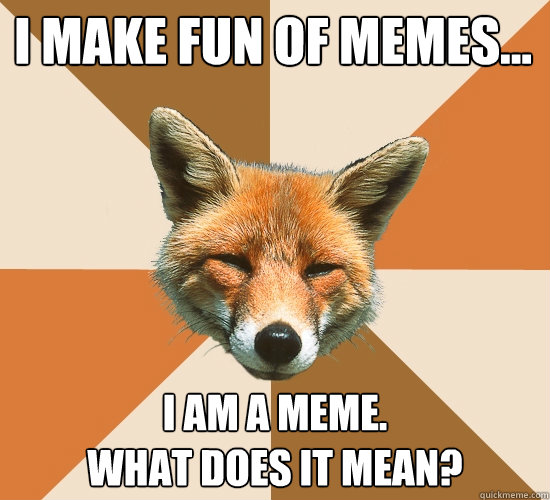 I Make fun of memes...
 I am a meme.
What does it mean? - I Make fun of memes...
 I am a meme.
What does it mean?  Condescending Fox
