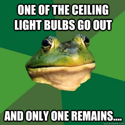 one of the ceiling light bulbs go out and only one remains....  Foul Bachelor Frog