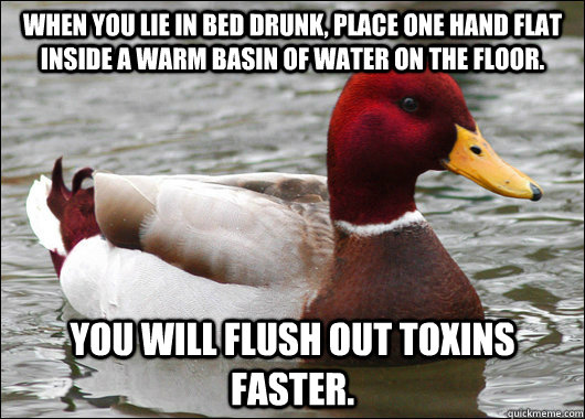 When you lie in bed drunk, place one hand flat  inside a warm basin of water on the floor. you will flush out toxins faster.  Malicious Advice Mallard