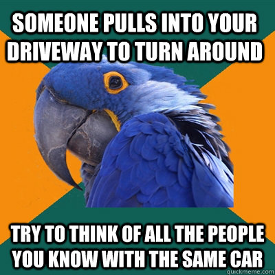 Someone pulls into your driveway to turn around try to think of all the people you know with the same car  Paranoid Parrot