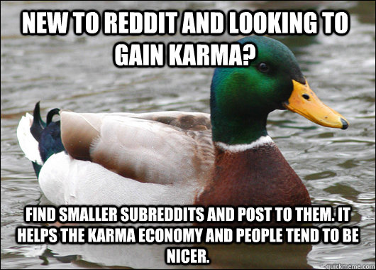 New to reddit and looking to gain Karma? Find smaller subreddits and post to them. It helps the Karma Economy and people tend to be nicer. - New to reddit and looking to gain Karma? Find smaller subreddits and post to them. It helps the Karma Economy and people tend to be nicer.  Actual Advice Mallard