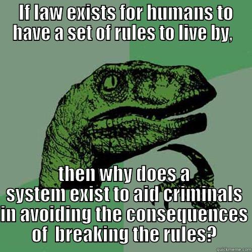 IF LAW EXISTS FOR HUMANS TO HAVE A SET OF RULES TO LIVE BY,  THEN WHY DOES A SYSTEM EXIST TO AID CRIMINALS IN AVOIDING THE CONSEQUENCES OF  BREAKING THE RULES? Philosoraptor