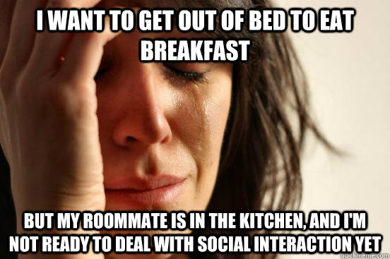 I want to get out of bed to eat breakfast but my roommate is in the kitchen, and I'm not ready to deal with social interaction yet  First World Problems