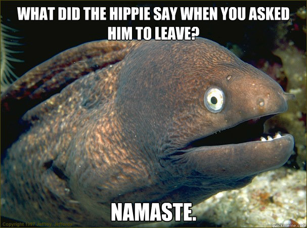 What did the hippie say when you asked him to leave? Namaste. - What did the hippie say when you asked him to leave? Namaste.  Bad Joke Eel