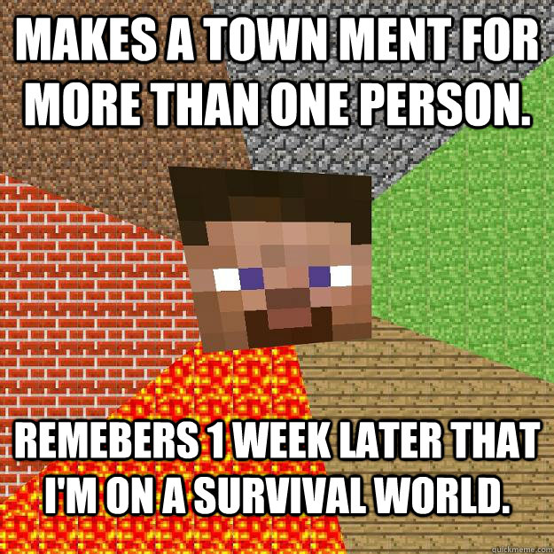 Makes a town ment for more than one person. Remebers 1 week later that I'm on a survival world.  Minecraft