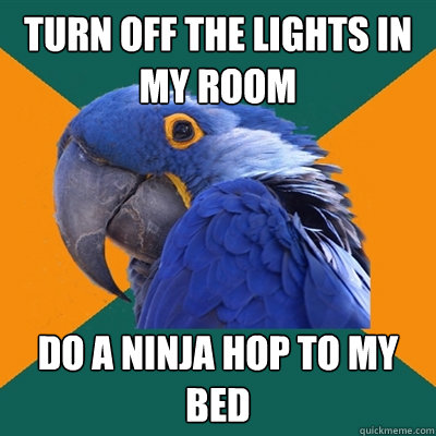turn off the lights in my room do a ninja hop to my  bed  Paranoid Parrot