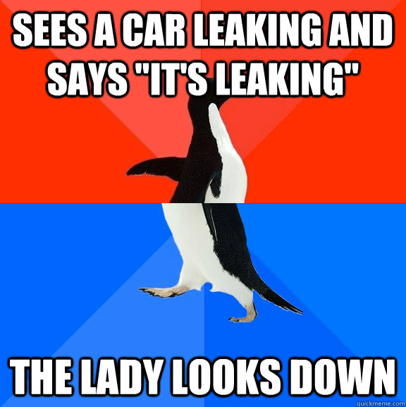 Sees a car leaking and says 