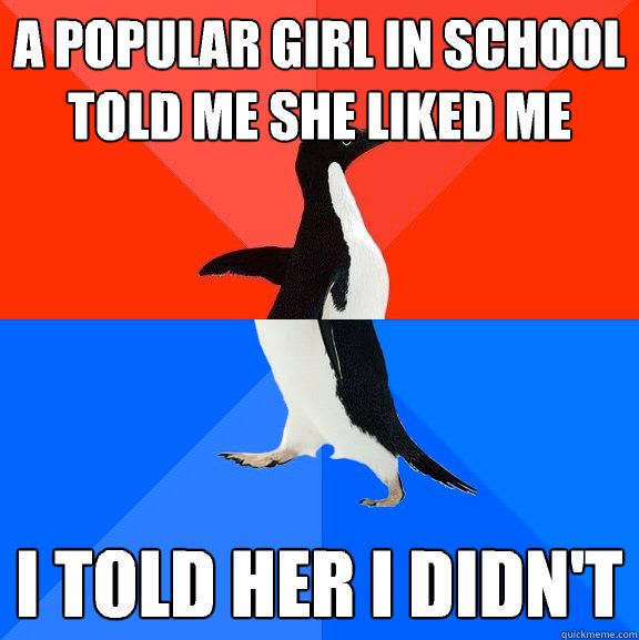 A popular girl in school told me she liked me I told her I didn't  Socially Awesome Awkward Penguin