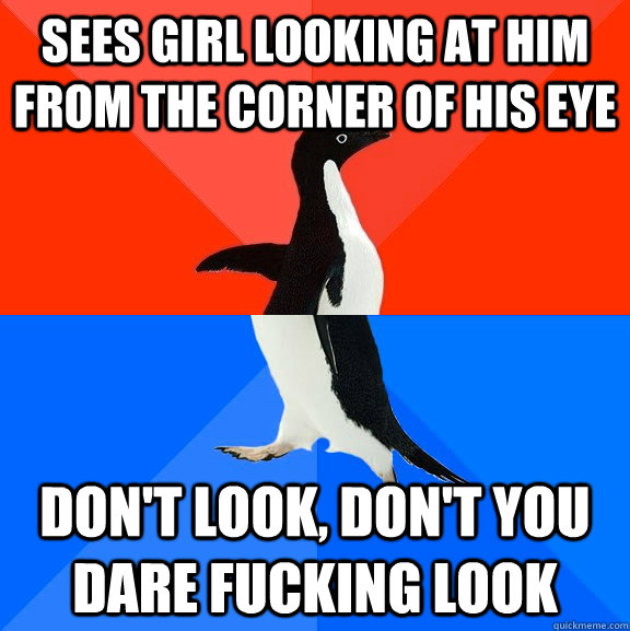 Sees girl looking at him from the corner of his eye Don't look, don't you dare fucking look  Socially Awesome Awkward Penguin