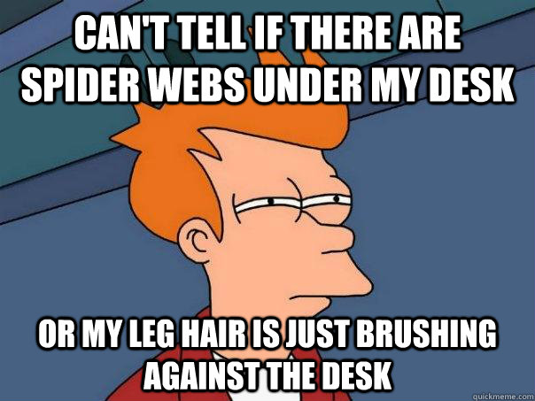 can't tell if there are spider webs under my desk or my leg hair is just brushing against the desk - can't tell if there are spider webs under my desk or my leg hair is just brushing against the desk  Futurama Fry