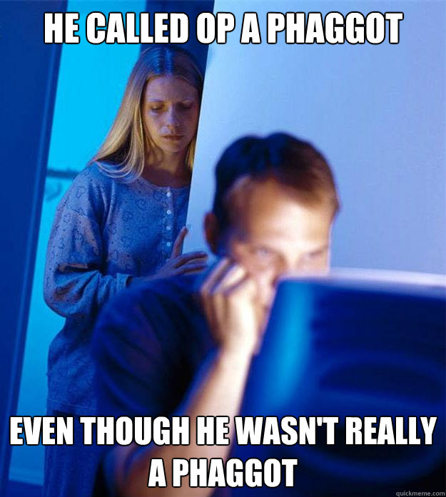 He called op a phaggot even though he wasn't really a phaggot  Redditors Wife