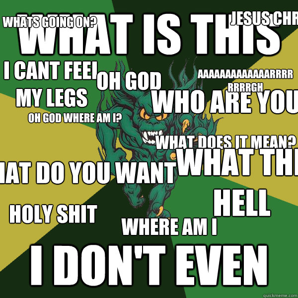 WHAT IS THIS I DON'T EVEN OH GOD WHERE AM I? WHATS GOING ON? i cant feel my legs HOLY SHIT WHAT THE HELL WHAT DOES IT MEAN? oh god JESUS christ!  WHO ARE YOU where am i what do you want aaaaaaaaaaaaarrrrrrrrgh - WHAT IS THIS I DON'T EVEN OH GOD WHERE AM I? WHATS GOING ON? i cant feel my legs HOLY SHIT WHAT THE HELL WHAT DOES IT MEAN? oh god JESUS christ!  WHO ARE YOU where am i what do you want aaaaaaaaaaaaarrrrrrrrgh  Green Terror
