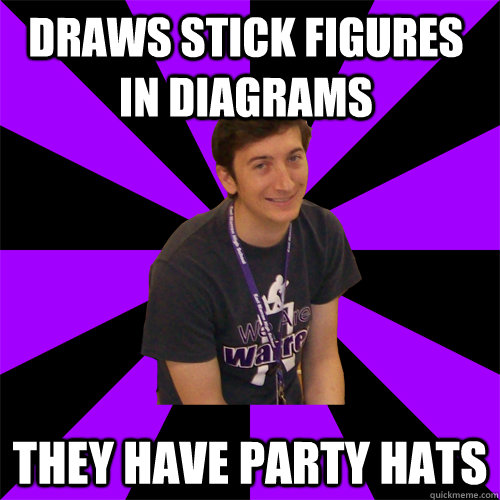 draws stick figures in diagrams they have party hats  Physics Teacher