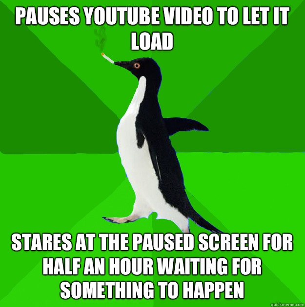 Pauses YouTube video to let it load Stares at the paused screen for half an hour waiting for something to happen  Stoner Penguin
