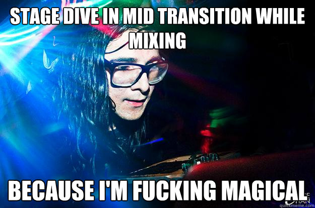 Stage dive in mid transition while mixing because I'm fucking magical  Dubstep Oblivious Skrillex