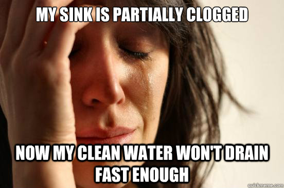 My sink is partially clogged Now my clean water won't drain fast enough  - My sink is partially clogged Now my clean water won't drain fast enough   First World Problems