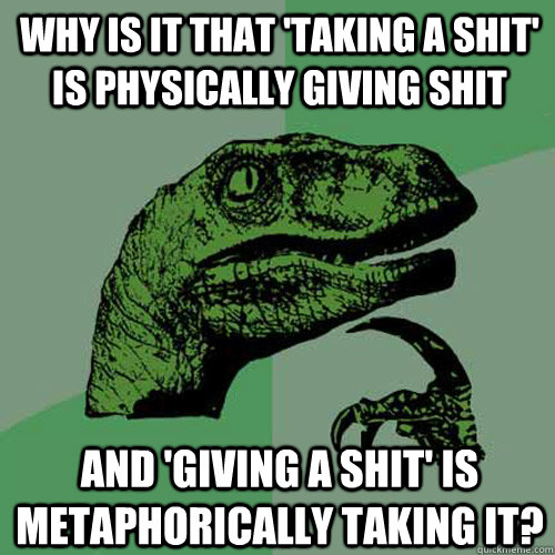 why is it that 'taking a shit' is physically giving shit and 'giving a shit' is metaphorically taking it?  Philosoraptor