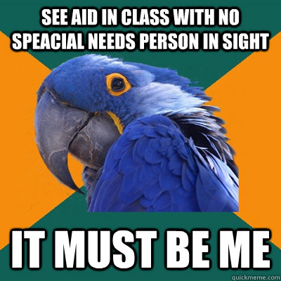 See aid in class with no speacial needs person in sight It must be me  Paranoid Parrot
