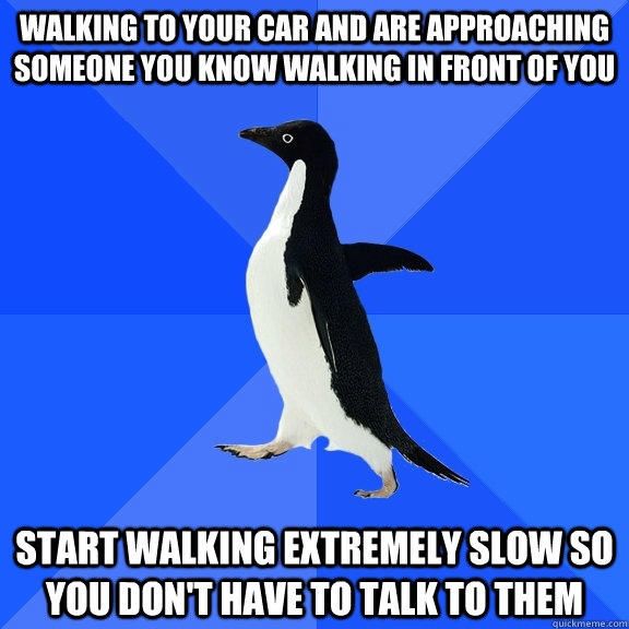 Walking to your car and are approaching someone you know walking in front of you Start walking extremely slow so you don't have to talk to them  Socially Awkward Penguin