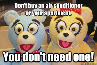 Don't buy an air conditioner 
or your apartment. You don't need one!  Bad Idea Bears