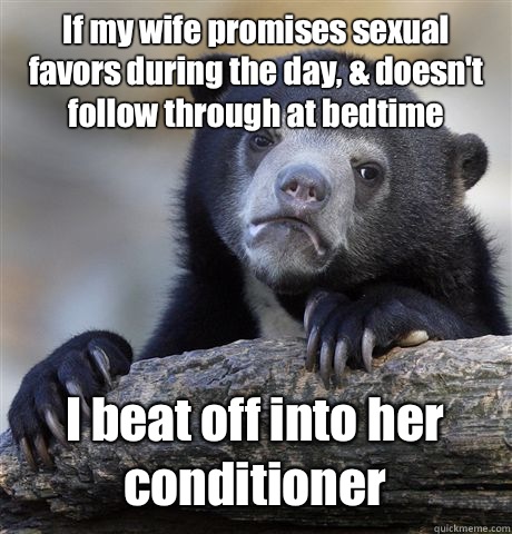 If my wife promises sexual favors during the day, & doesn't follow through at bedtime I beat off into her conditioner  Confession Bear