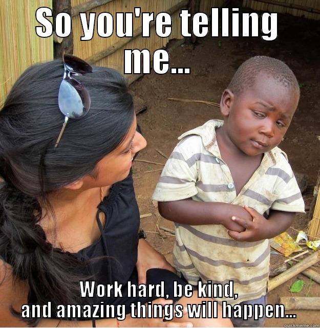 SO YOU'RE TELLING ME... WORK HARD, BE KIND, AND AMAZING THINGS WILL HAPPEN... Skeptical Third World Kid