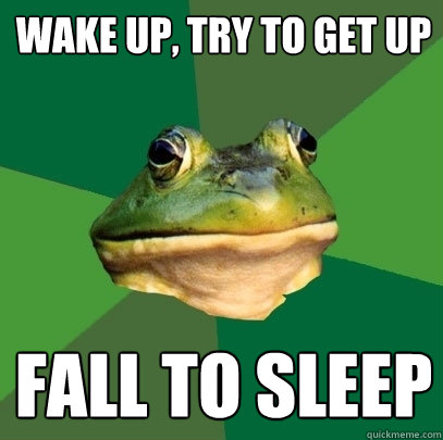 wake up, try to get up fall to sleep  Foul Bachelor Frog