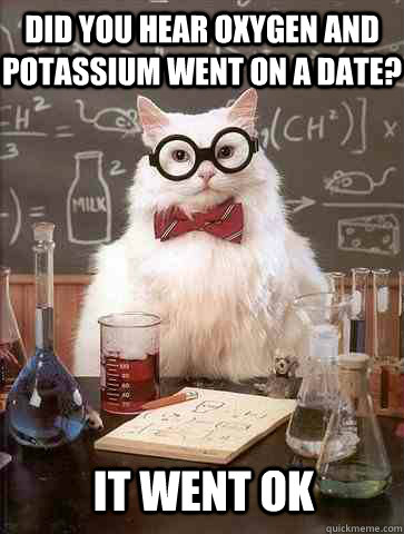 Did you hear oxygen and potassium went on a date? It went ok  Chemistry Cat