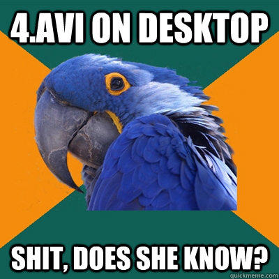 4.avi on desktop shit, does she know?  Paranoid Parrot